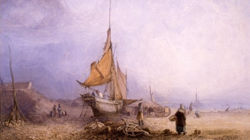 A painting of a moored boat in a bay as people do low water fishing.