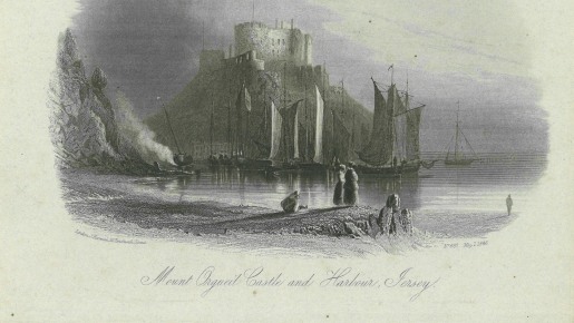 A castle at night with people doing low water fishing