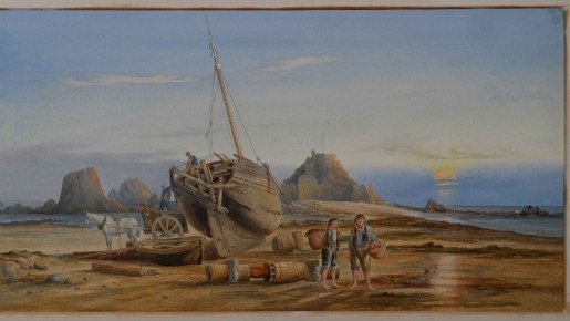 A painting of a damaged wooden boat in front of a castle.