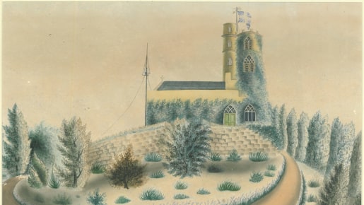 A drawing of a folly on a hill