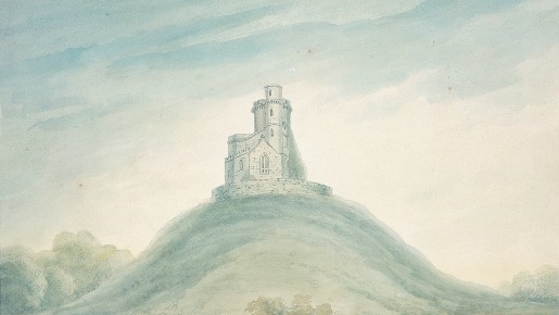A watercolour of a tower on a hill