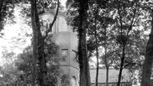 A tower photographed between trees