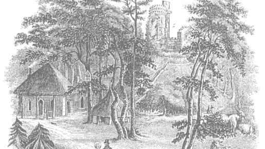 An engraving of a couple walking towards a building in the woods.