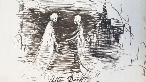 a sketch of ghostly creatures meeting, in black and white
