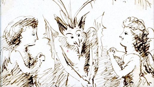 A sketch of mythical beasts in black and white