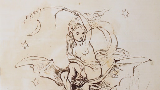 A sketch of a mythical woman in black and white