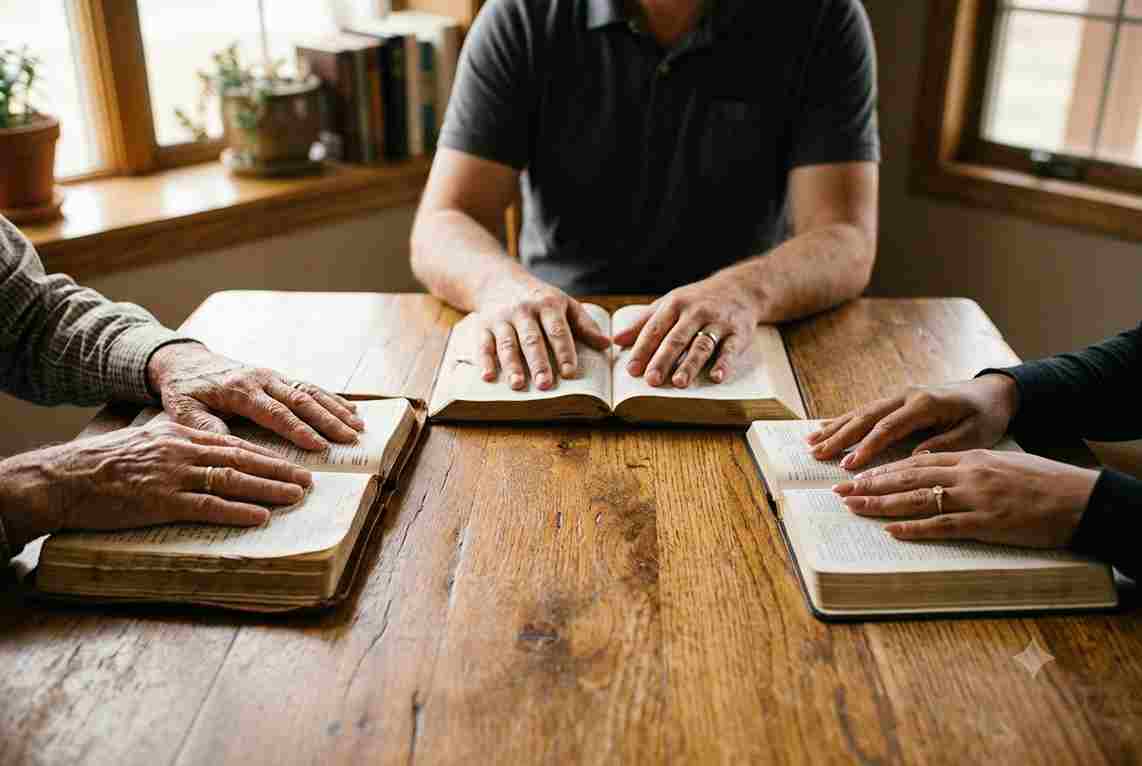 Hands of different ages resting on open Bibles. bibilium