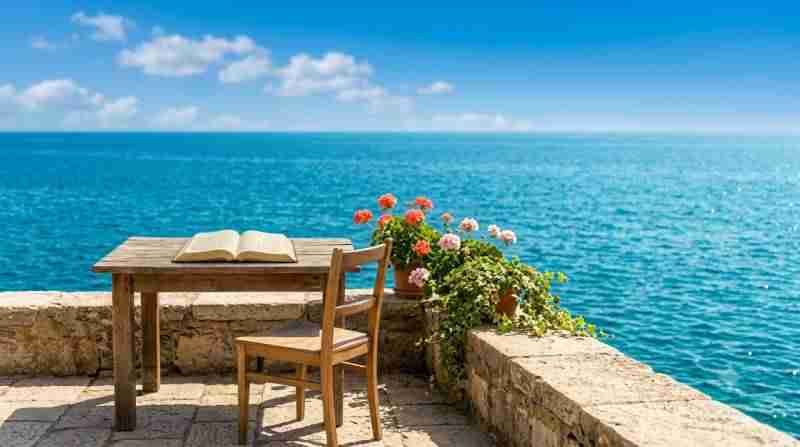An open Bible on a sunlit seaside terrace, inviting readers to know God
