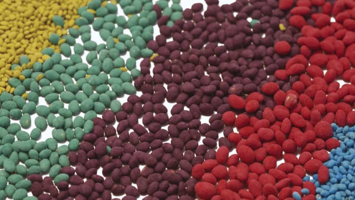 Coated seed in different colors.