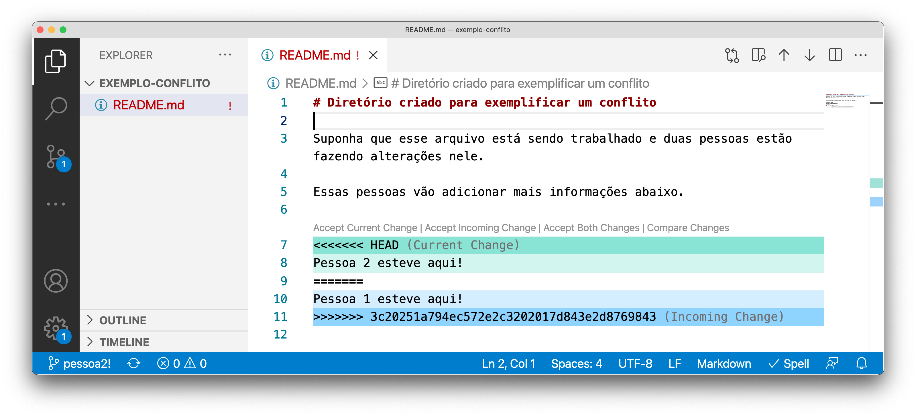 imagem mostrando o conflito no editor VS Code com as marcações mais bem definidas