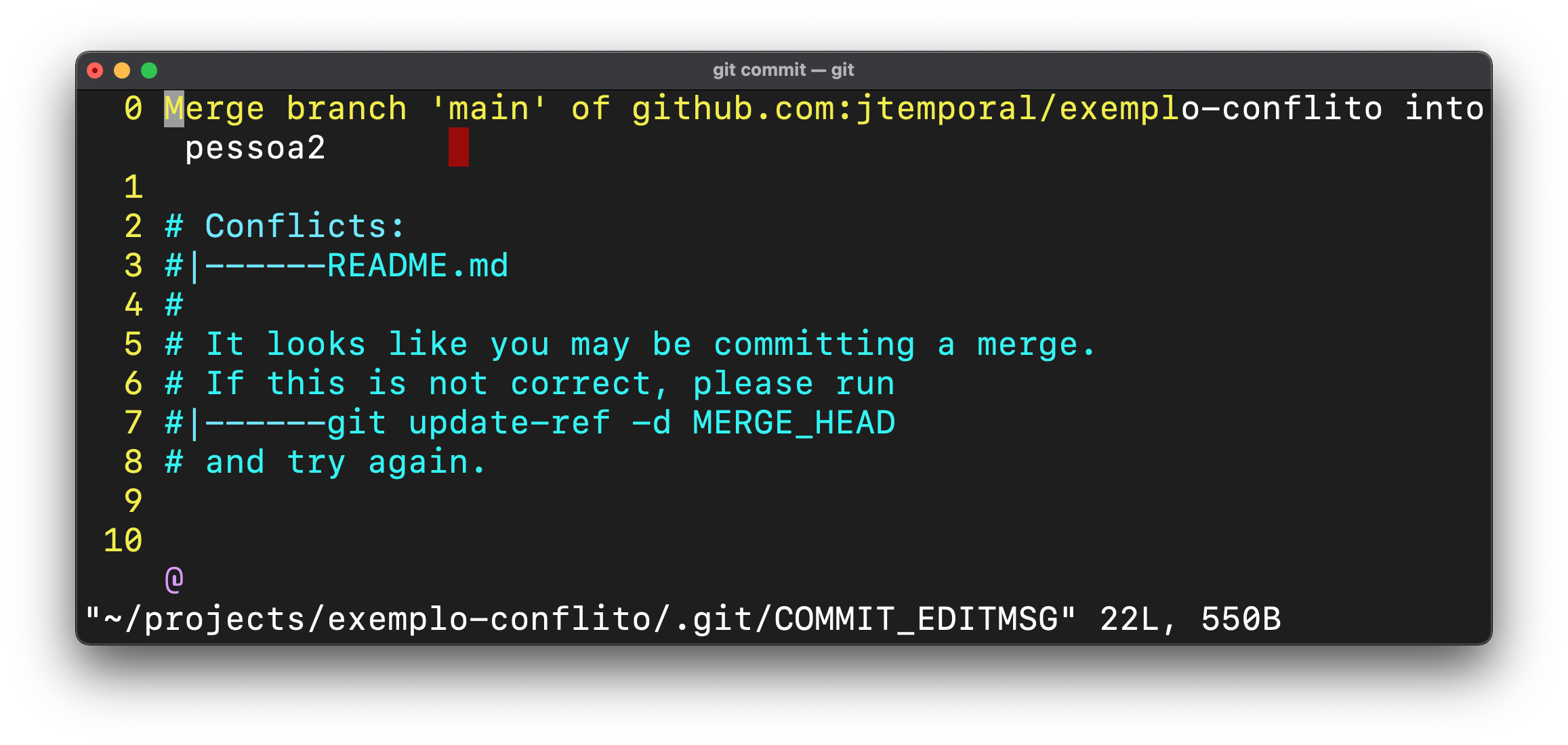 imagem mostrando a mensagem de commit pré-preenchida pelo editor vim