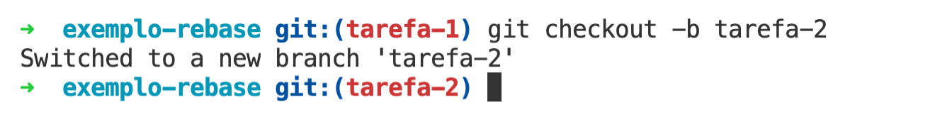 imagem mostrando o resultado de criar o ramo tarefa-2 a partir do ramo tarefa-1