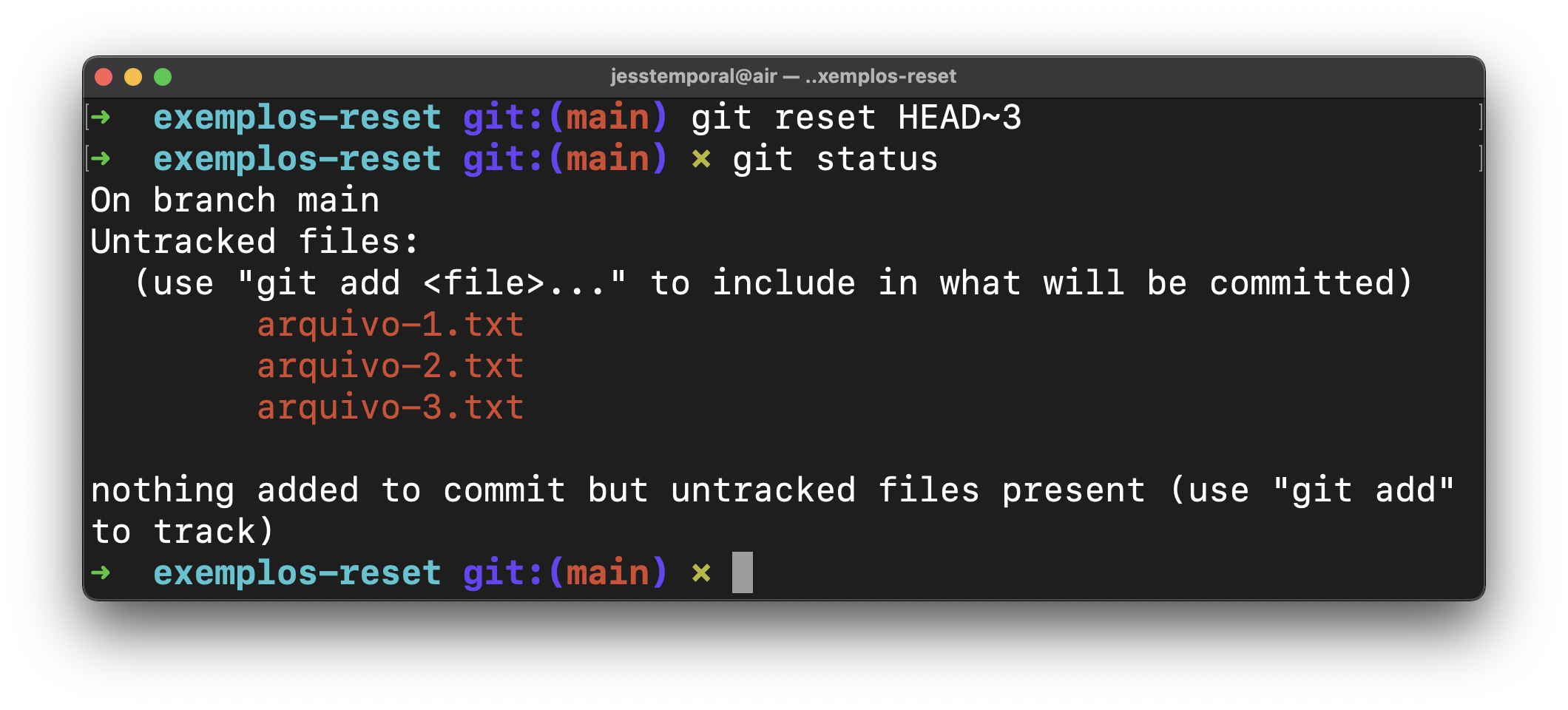 Screenshot showing the result of undoing 3 commits and running git status again