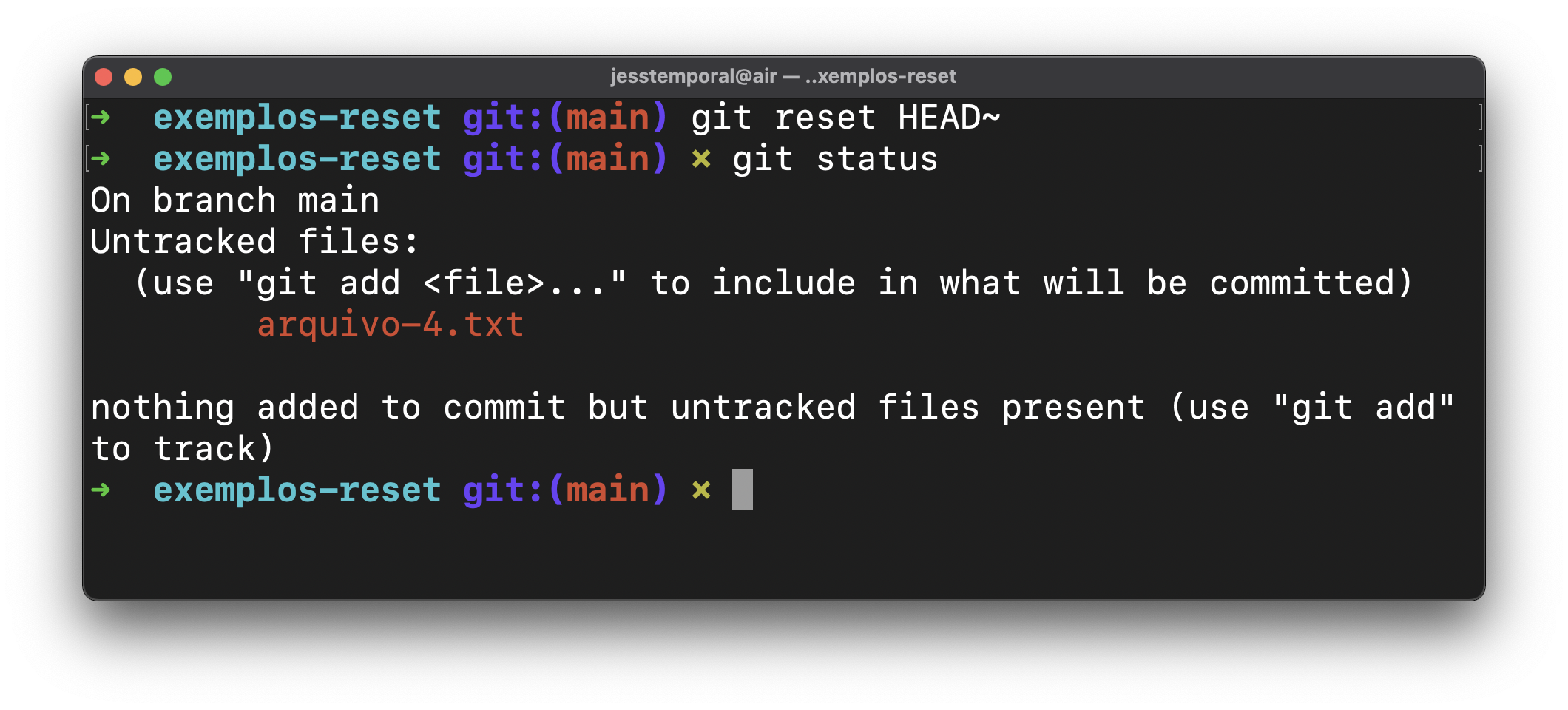 Screenshot showing the result of undoing a commit and then running git status