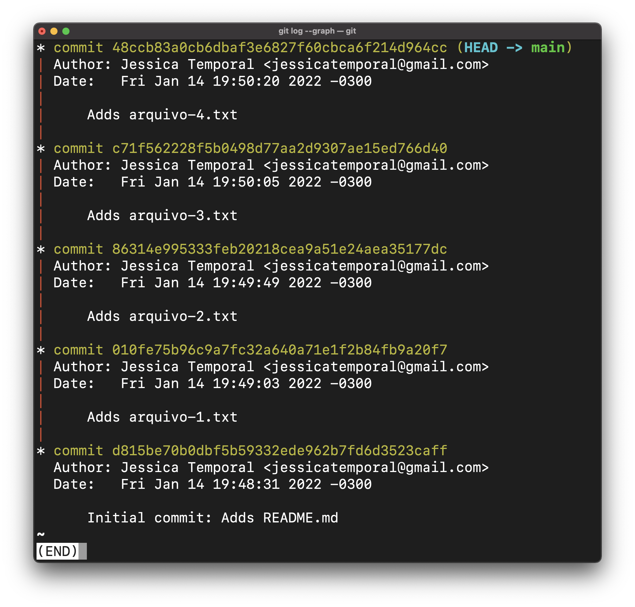 Screenshot showing the commit history containing 5 commits in the terminal