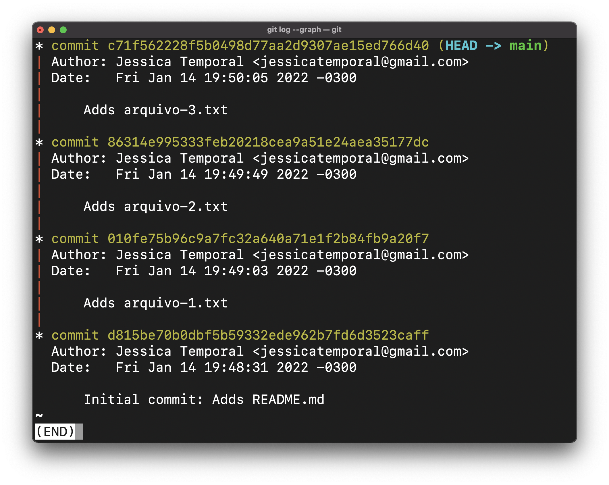 Screenshot showing the commit history containing 4 commits in the terminal