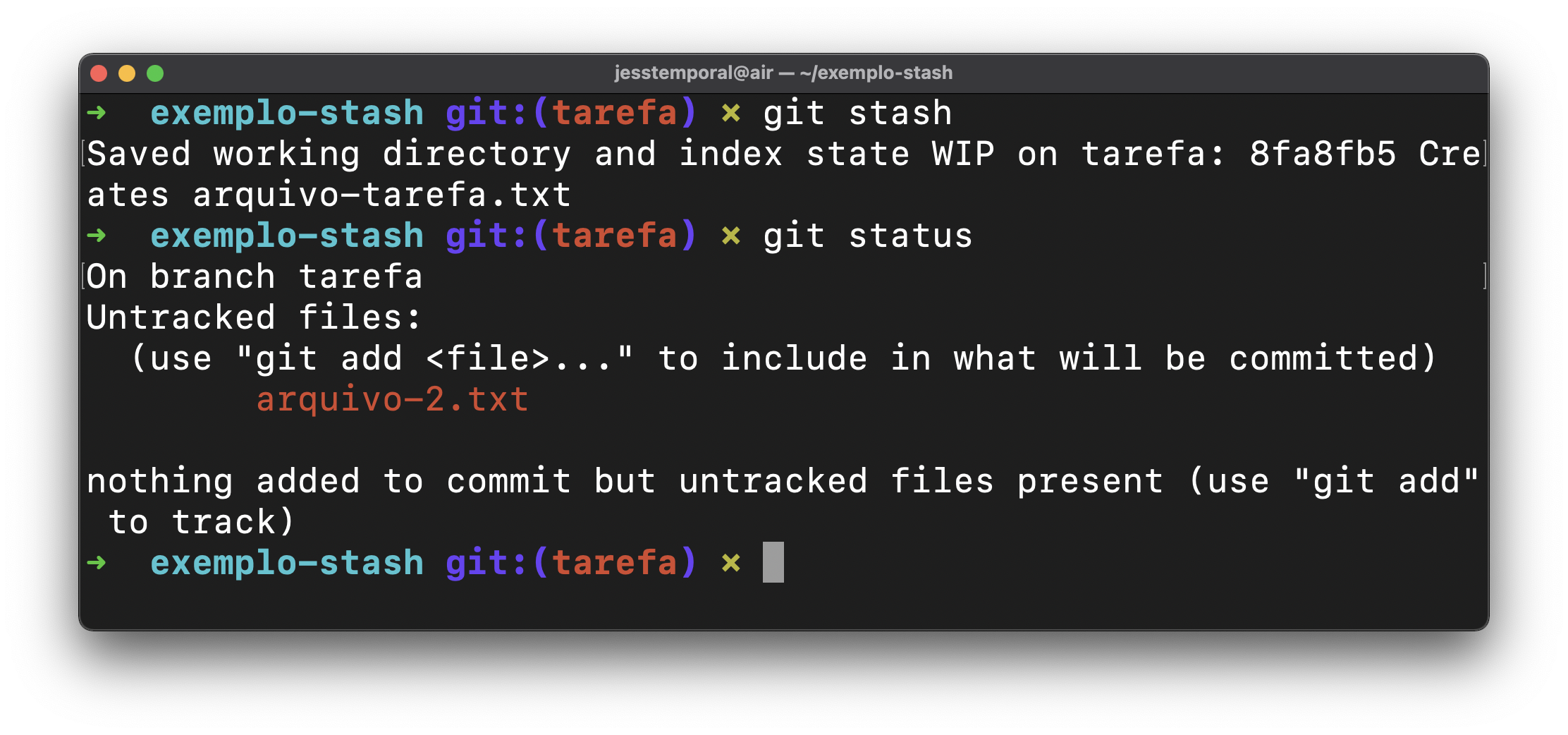 Commands git stash and git status output showing that the new file has not been stashed