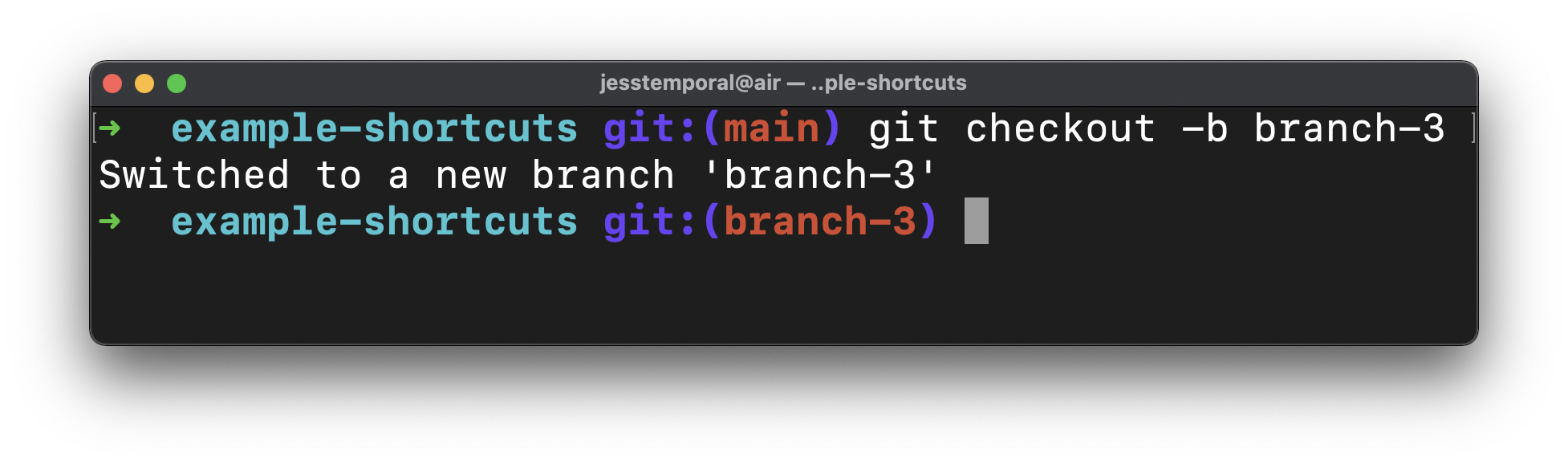 image showing the result of the command git checkout -b branch-3