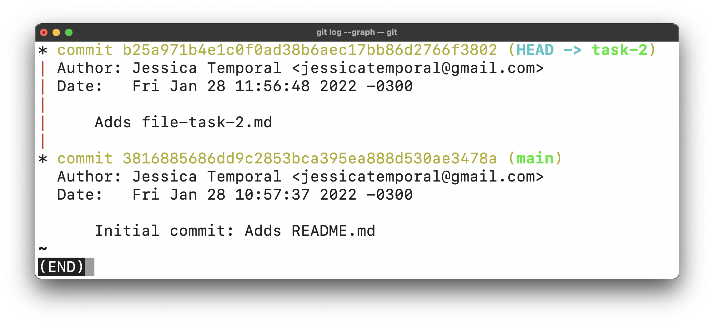 image showing the result of git log --graph command showing the branch task-2 with outdated history