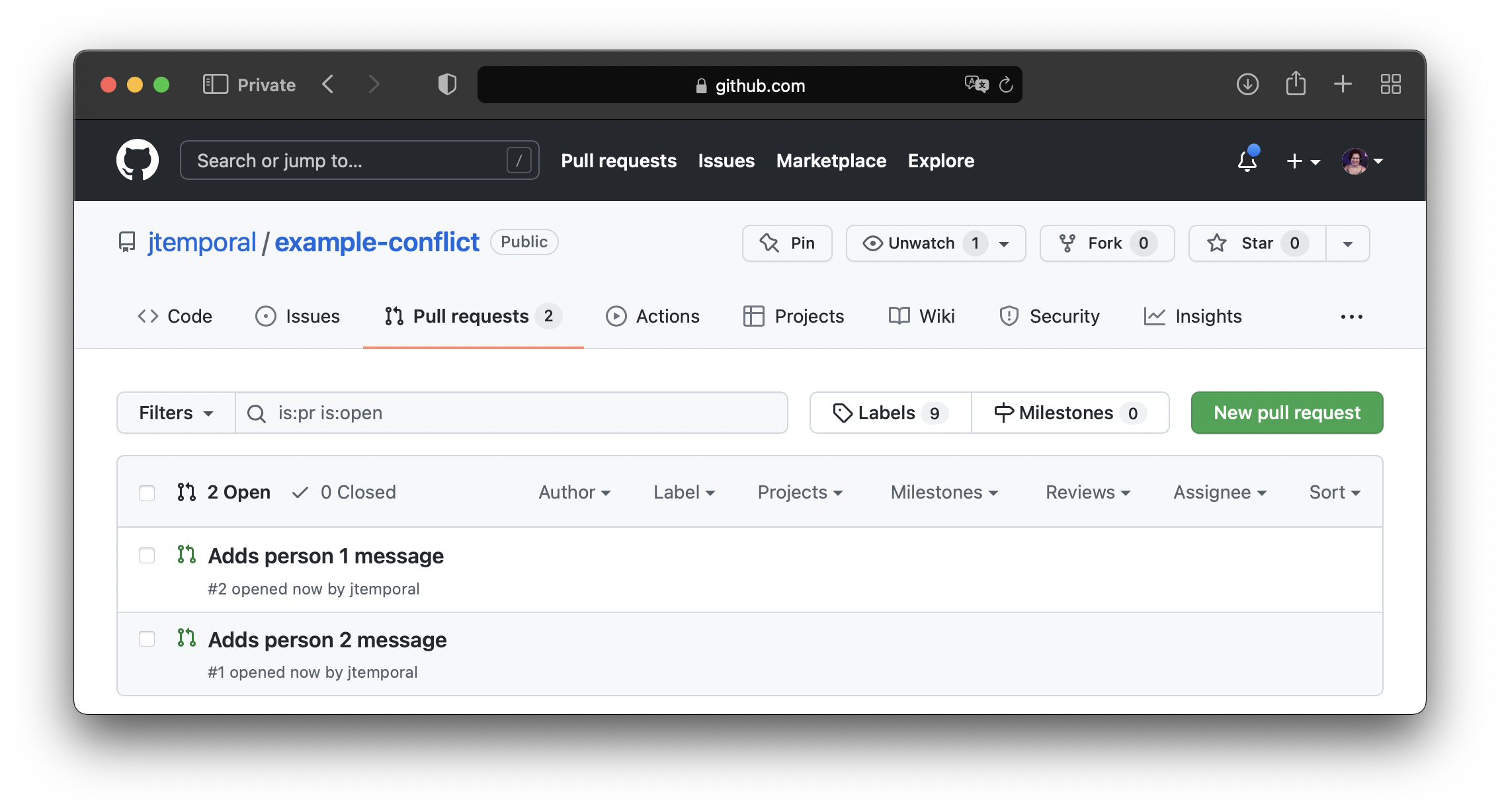 image showing two open pull requests on github