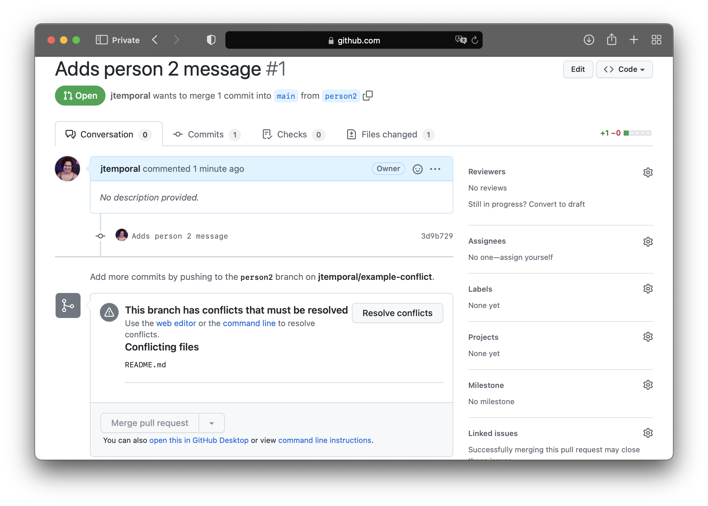 image showing person 2 pull request with the conflict message on GitHub