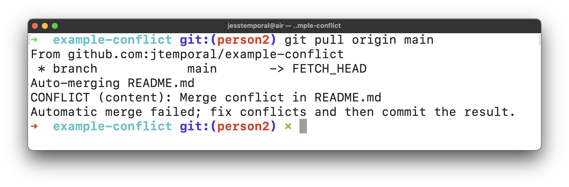 image showing the result of the git pull command displaying the conflict message