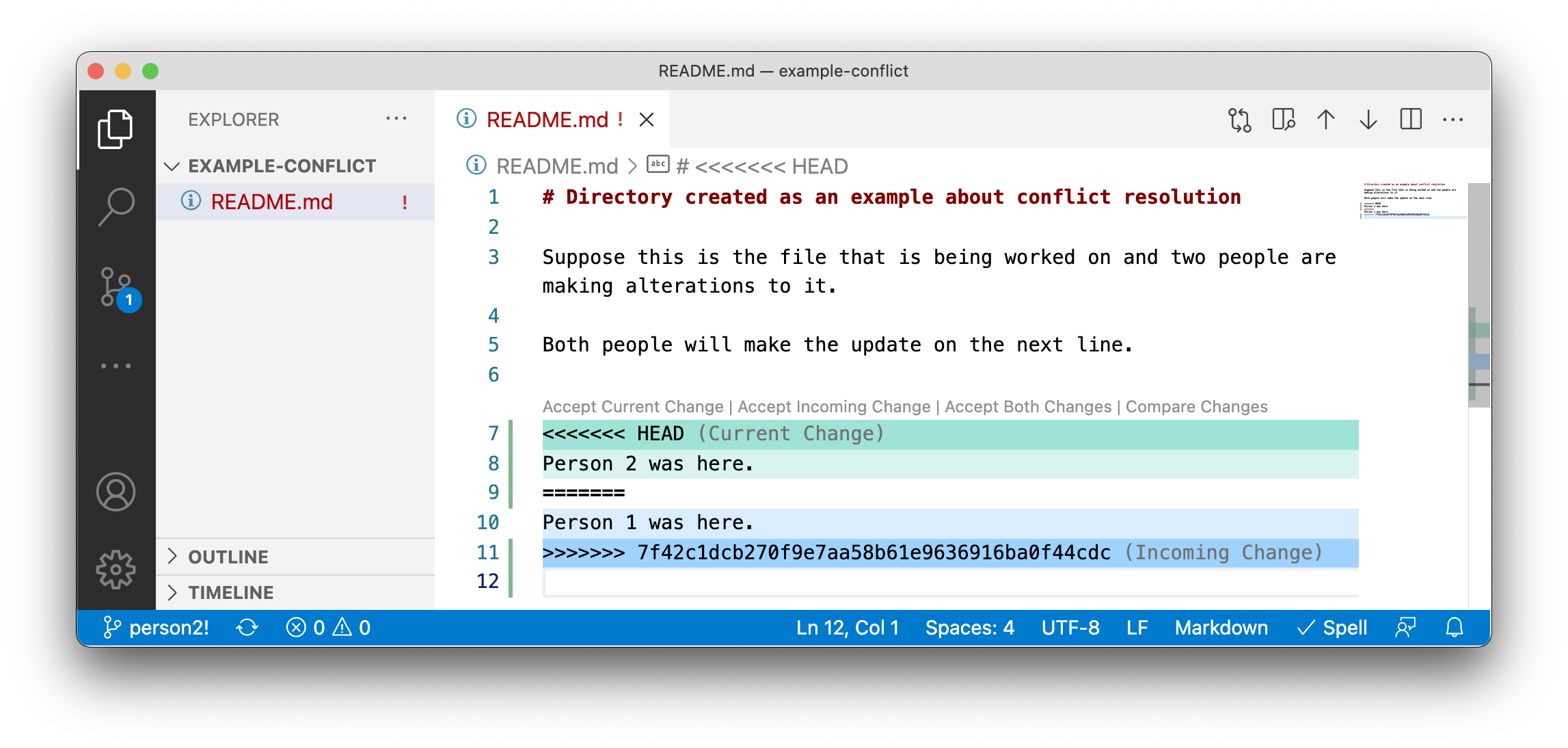 image showing the conflict on VS Code with the friendlier markings