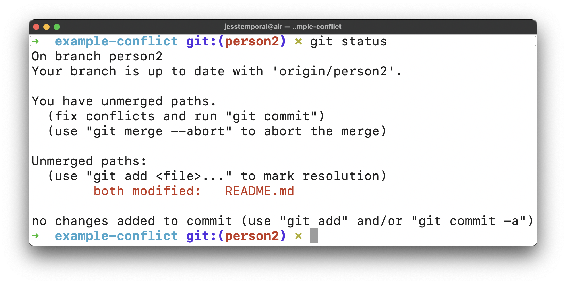 image showing the result of the git status command with the readme.md file showing changes