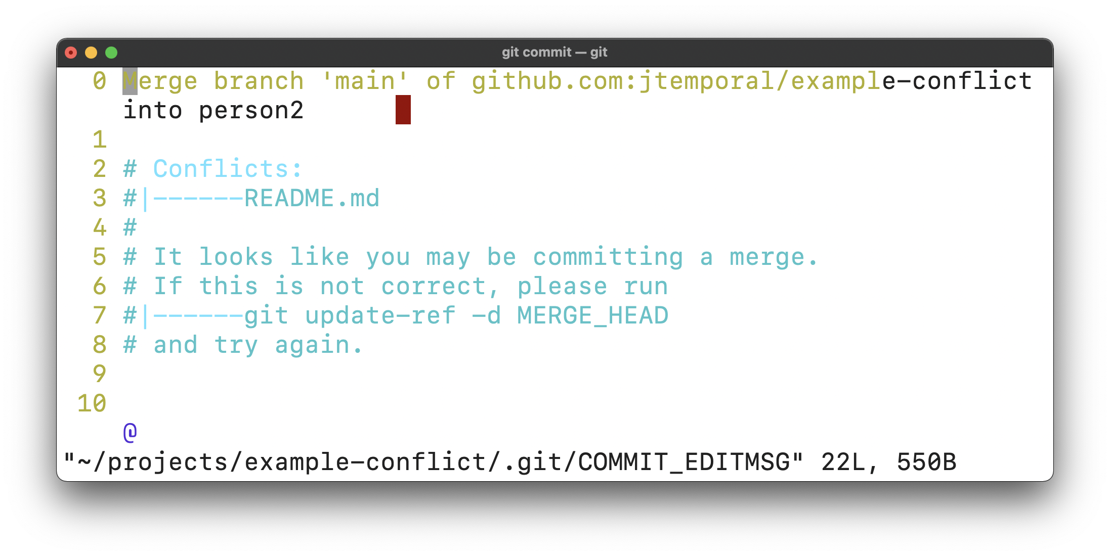 image showing the de commit message pre-filled in vim