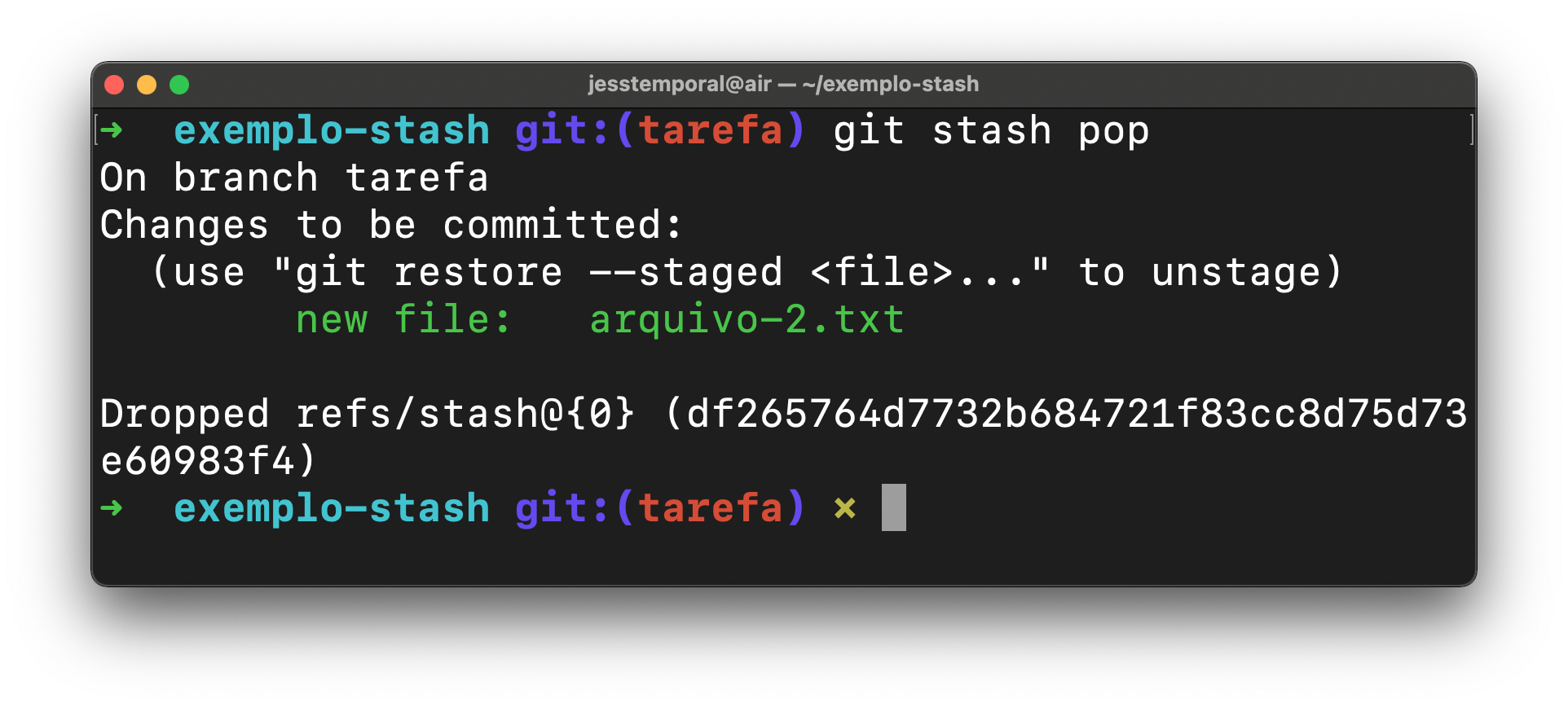 imagem mostrando o resultado do comando git stash pop com as mudanças presentes