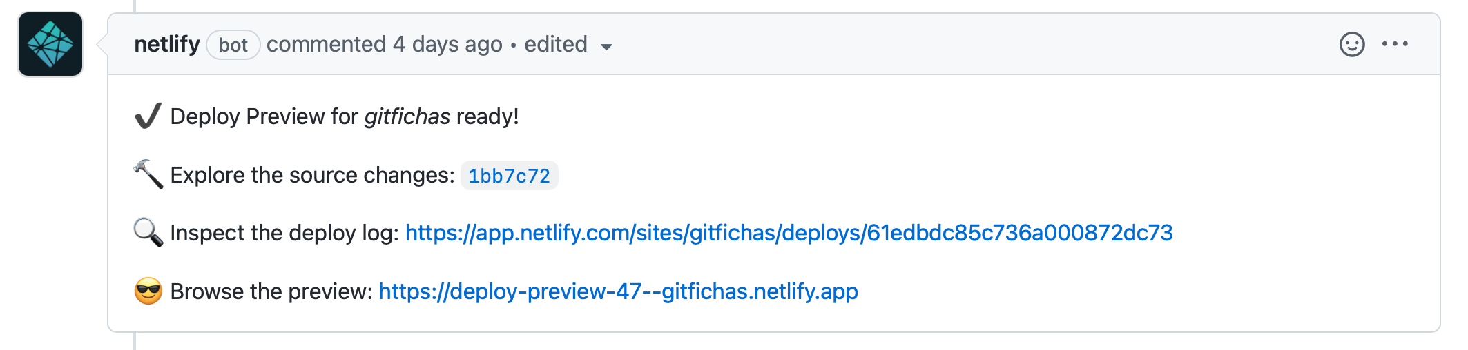 Mensagem do Netlify em um pull request aberto