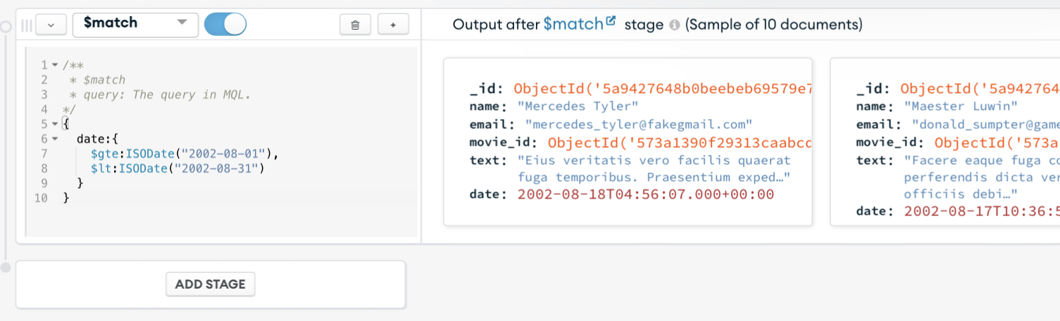 first stage $match operator sample results