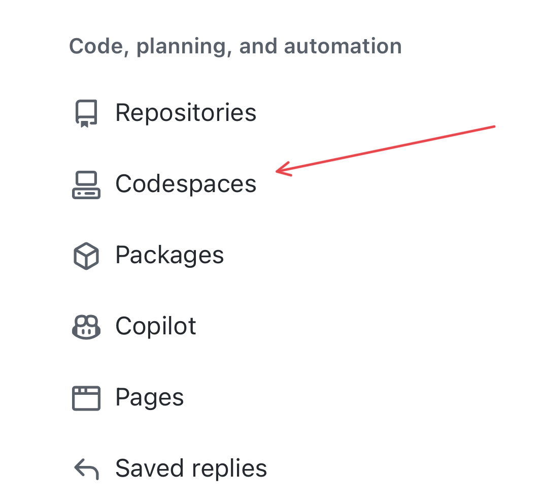 Image showing the Codespaces section in the left menu on the Settings page