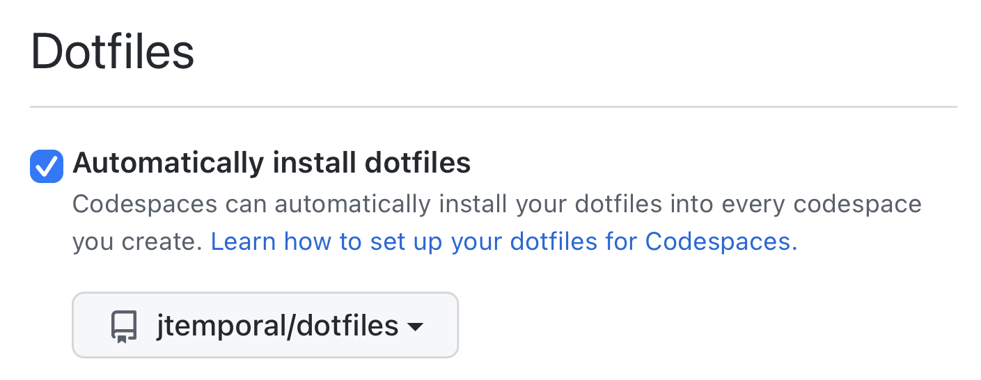 Seção de configuração de Dotfiles no Settings após ativar o uso de dotfiles