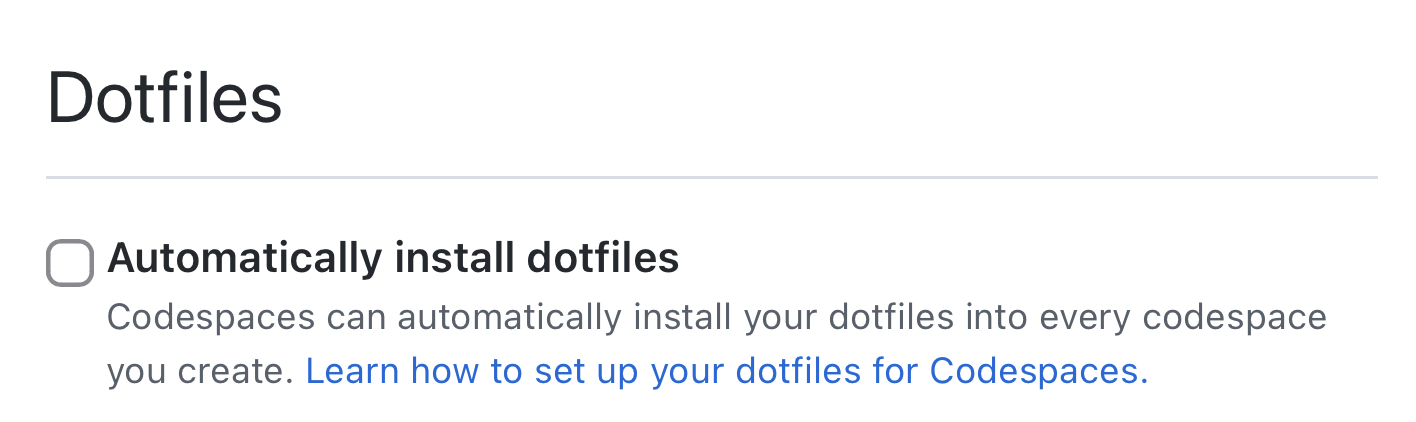 Seção de configuração de Dotfiles no Settings antes de usar dotfiles