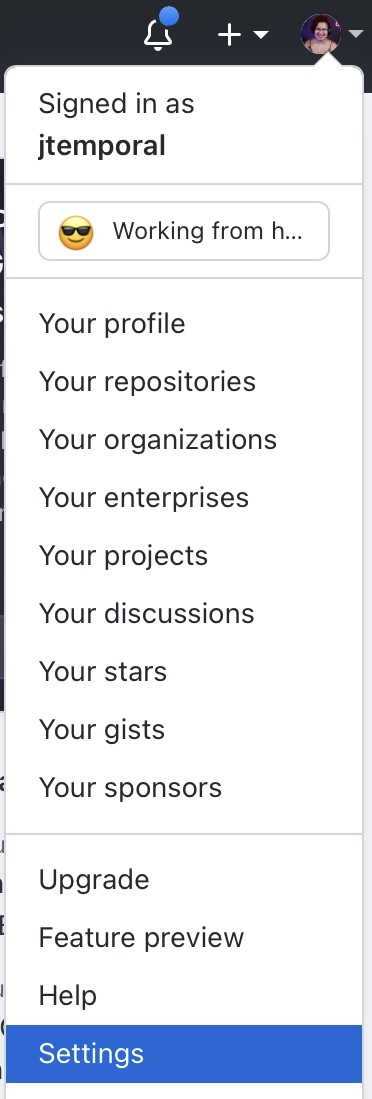 Image showing the Settings section in the profile menu on GitHub