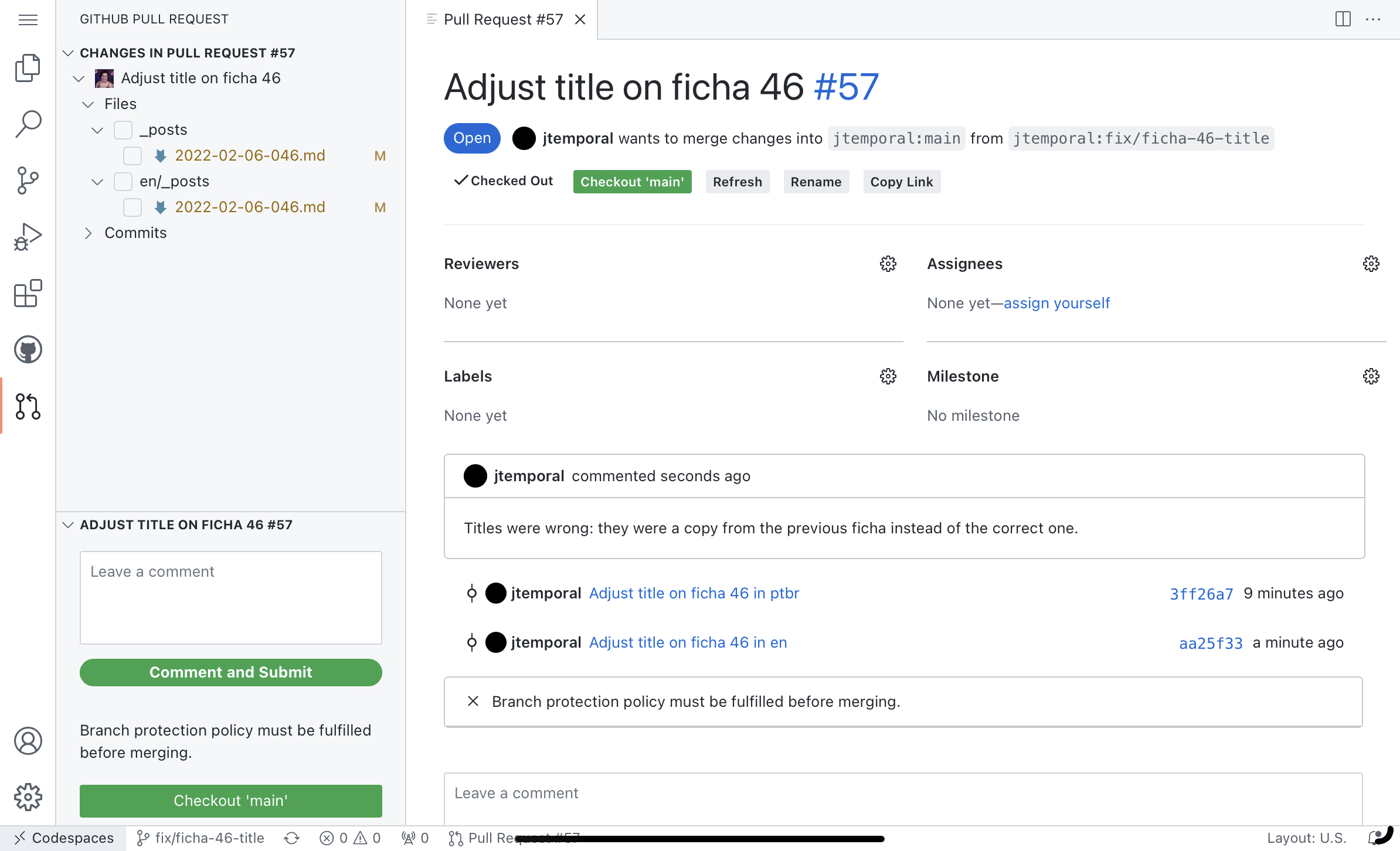 Imagem mostrando a integração de github com codespaces com um pull request de exemplo