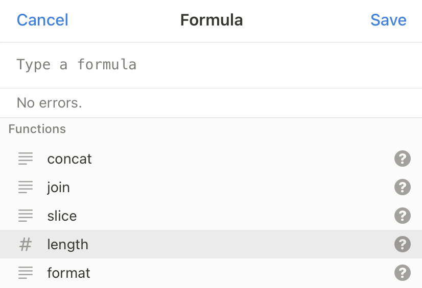 Menu de escrita da fórmula