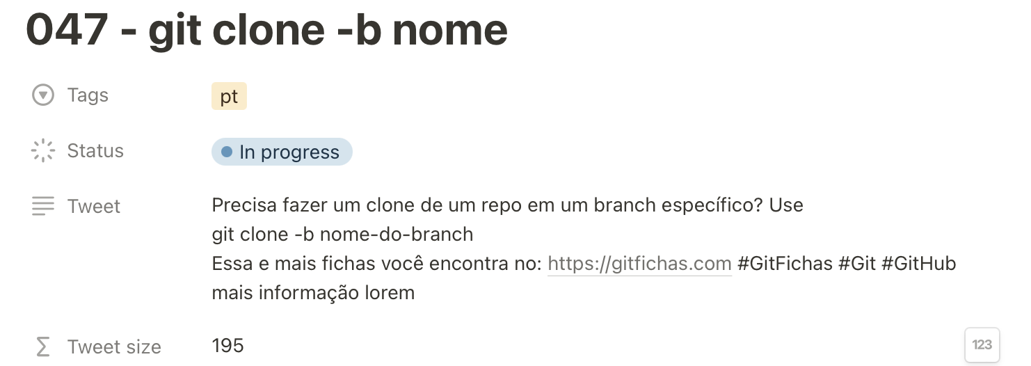 Imagem mostrando o documento contendo o rascunho de uma gitficha com a propriedade tweet e a propriedade de fórmula