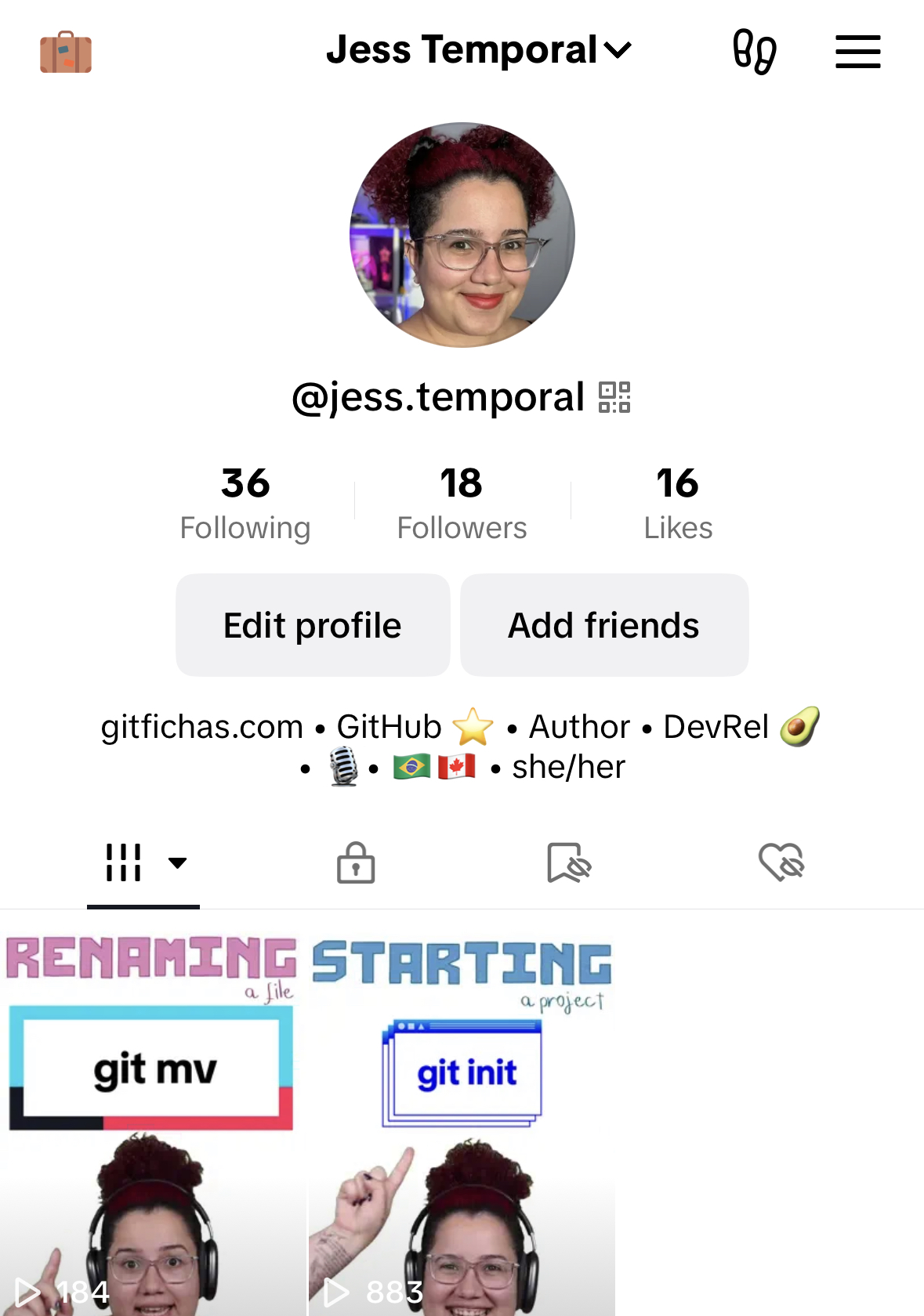 A photo of my TikTok profile, showing the first 2 videos