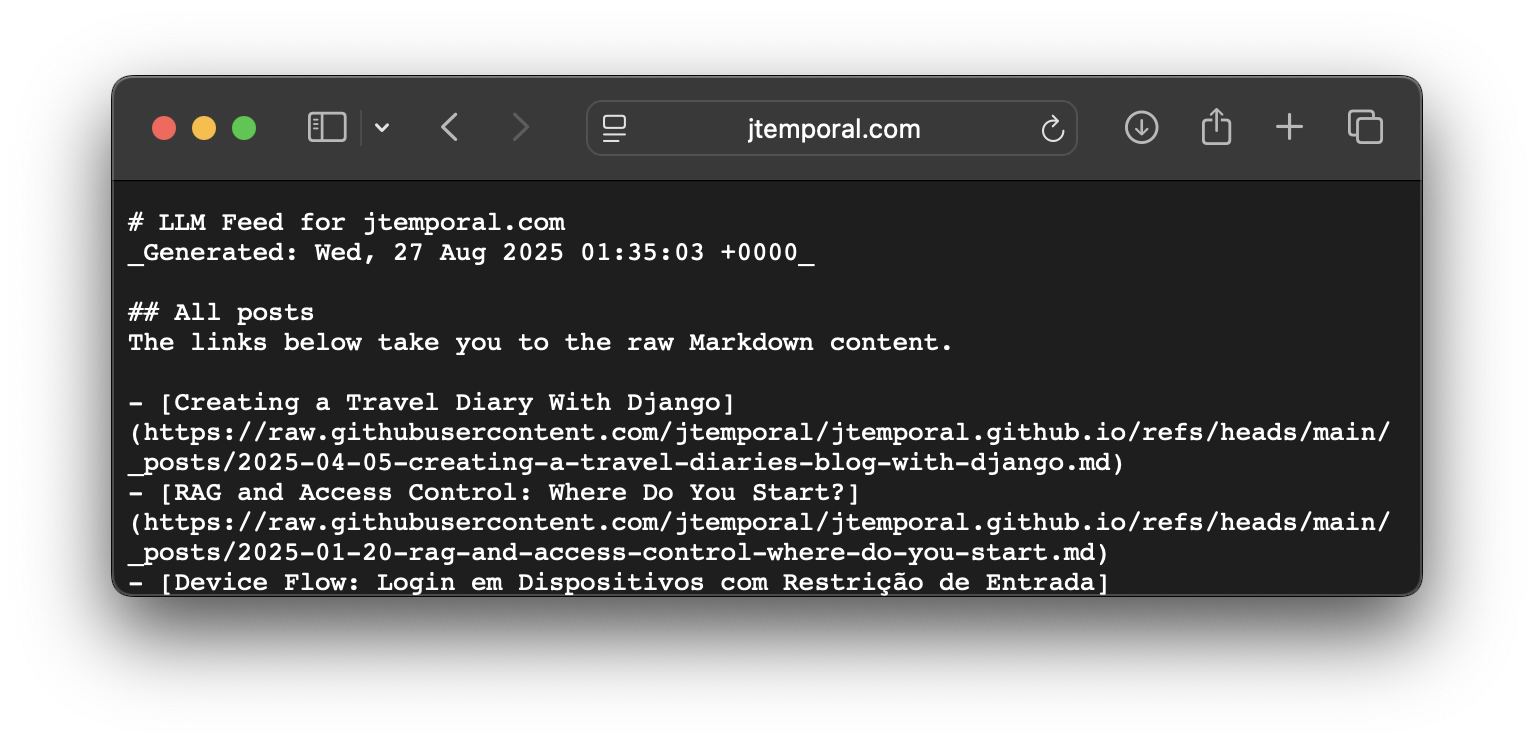 Screenshot da saída do llms.txt mostrando a lista gerada de posts do blog com links para arquivos Markdown raw