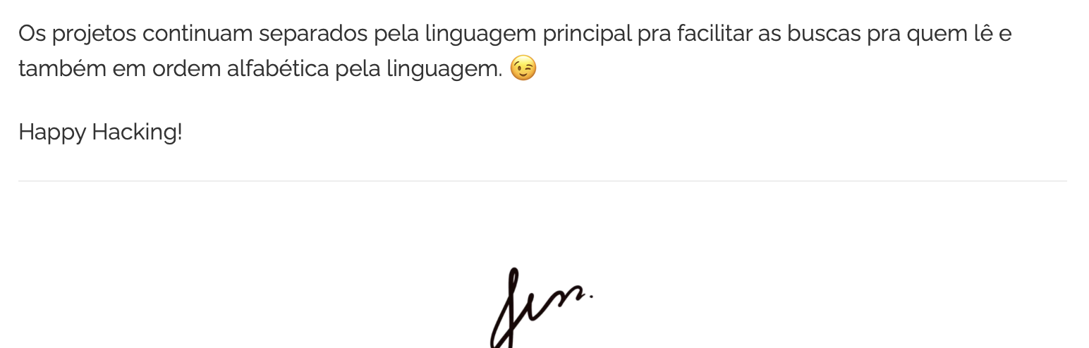 Screenshot mostrando a página com conteúdo da lista de projetos faltando, mostrando apenas a assinatura na parte inferior