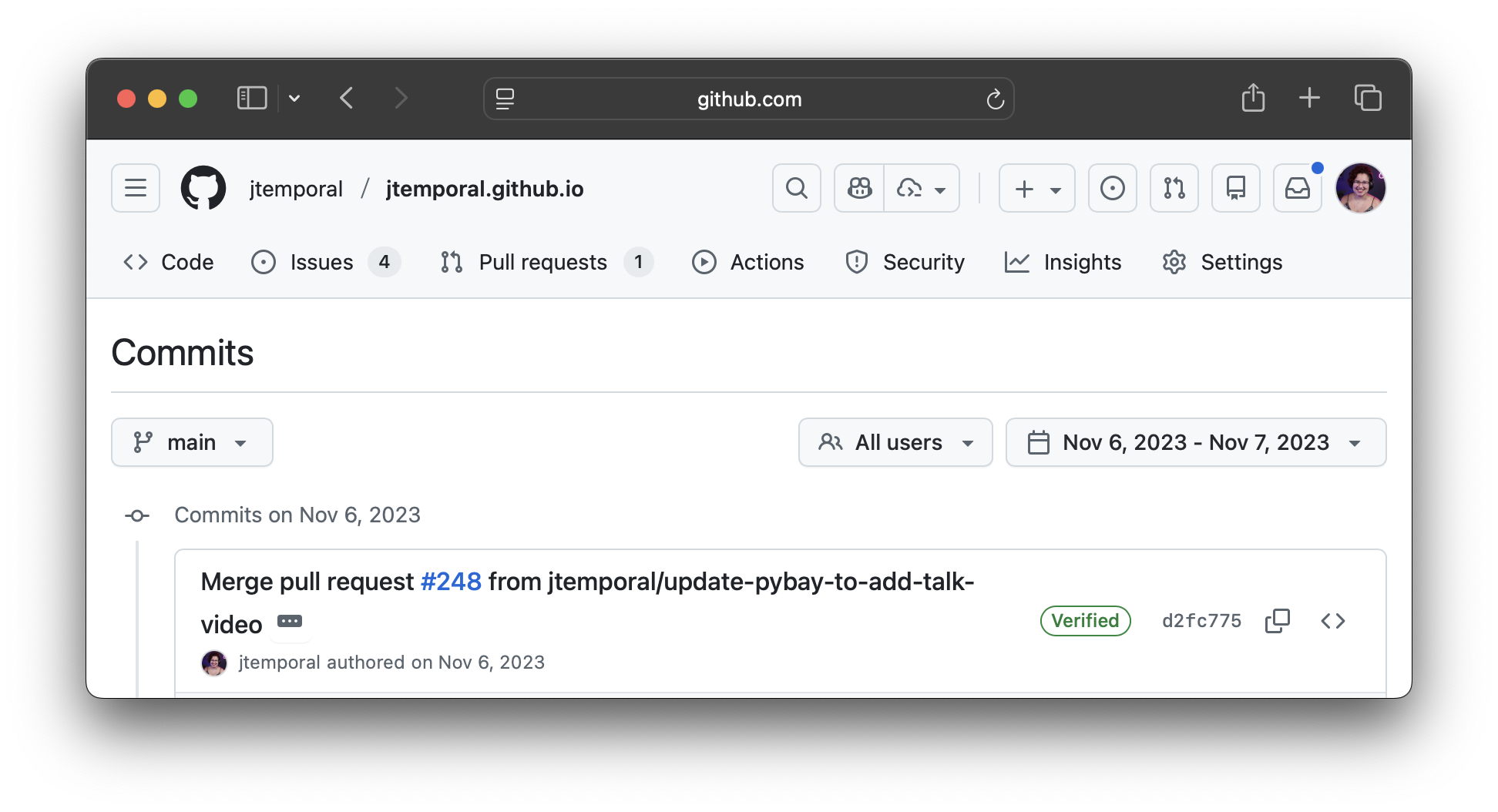 Página de commits do GitHub mostrando interface de filtragem baseada em data para buscar commits dentro de períodos específicos