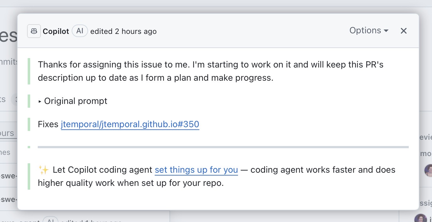 GitHub Copilot's initial pull request description showing it will work on the issue and update the PR with progress