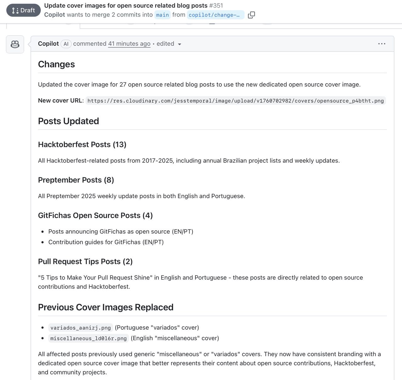 GitHub Copilot's comprehensive report showing all 27 posts that were updated with the new cover image, organized by category