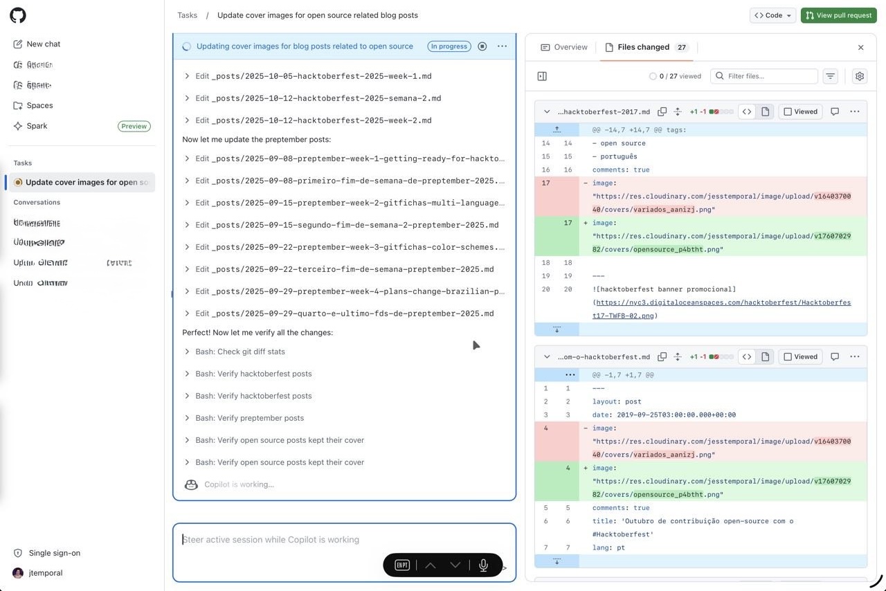 GitHub Copilot session view showing the real-time progress as it processes the cover image adjustments task