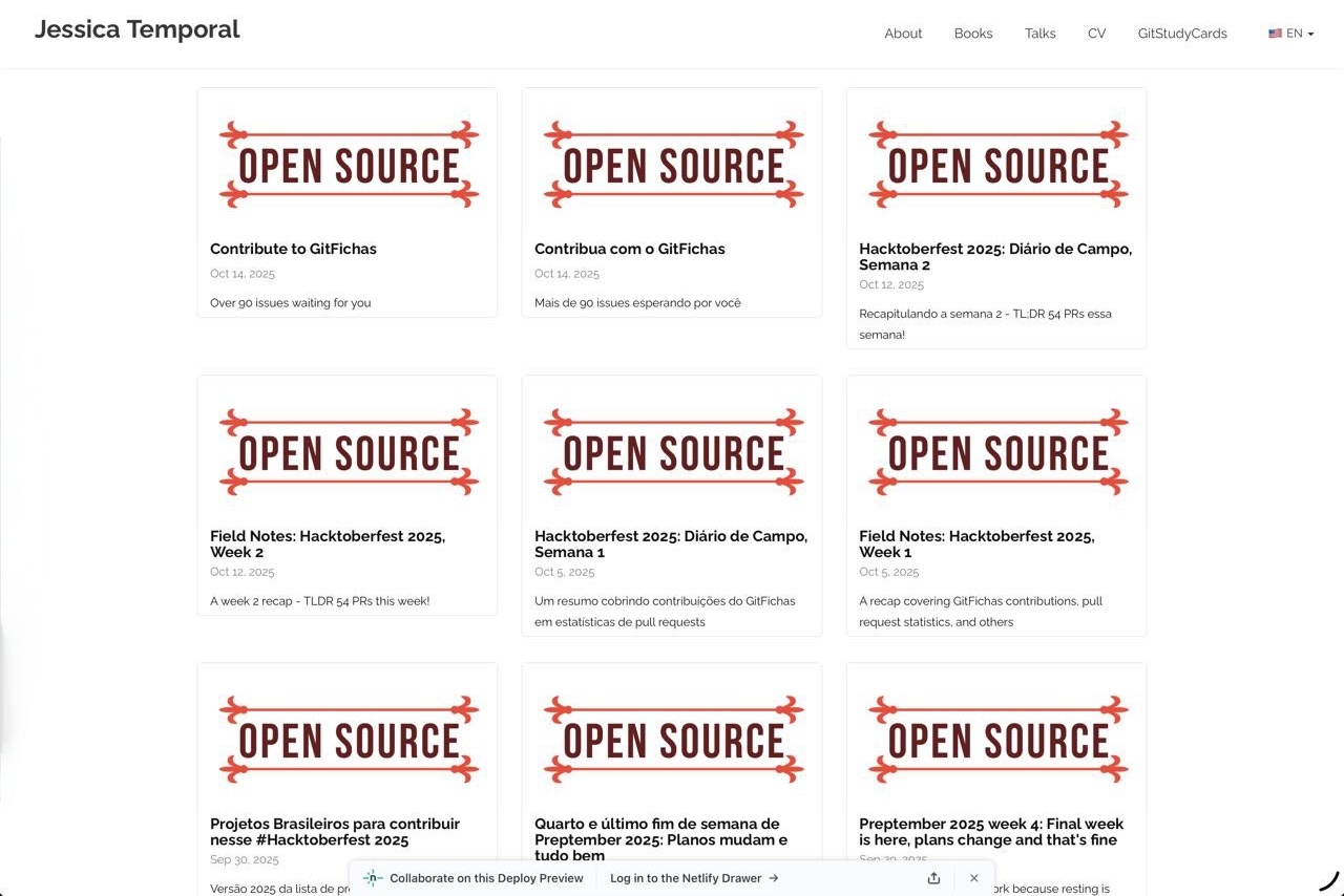 Blog homepage showing multiple posts all using the same 'open source' cover image, creating visual monotony