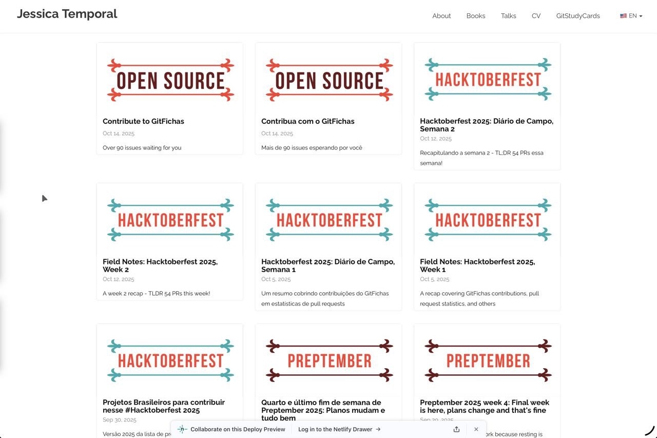 Blog homepage now showing diverse cover images - Hacktoberfest posts with orange covers, Preptember posts with their own design, and other open source content with the new cover