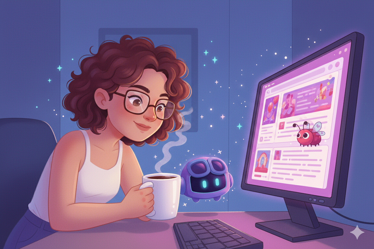 The writer and the robot looking at the little bug