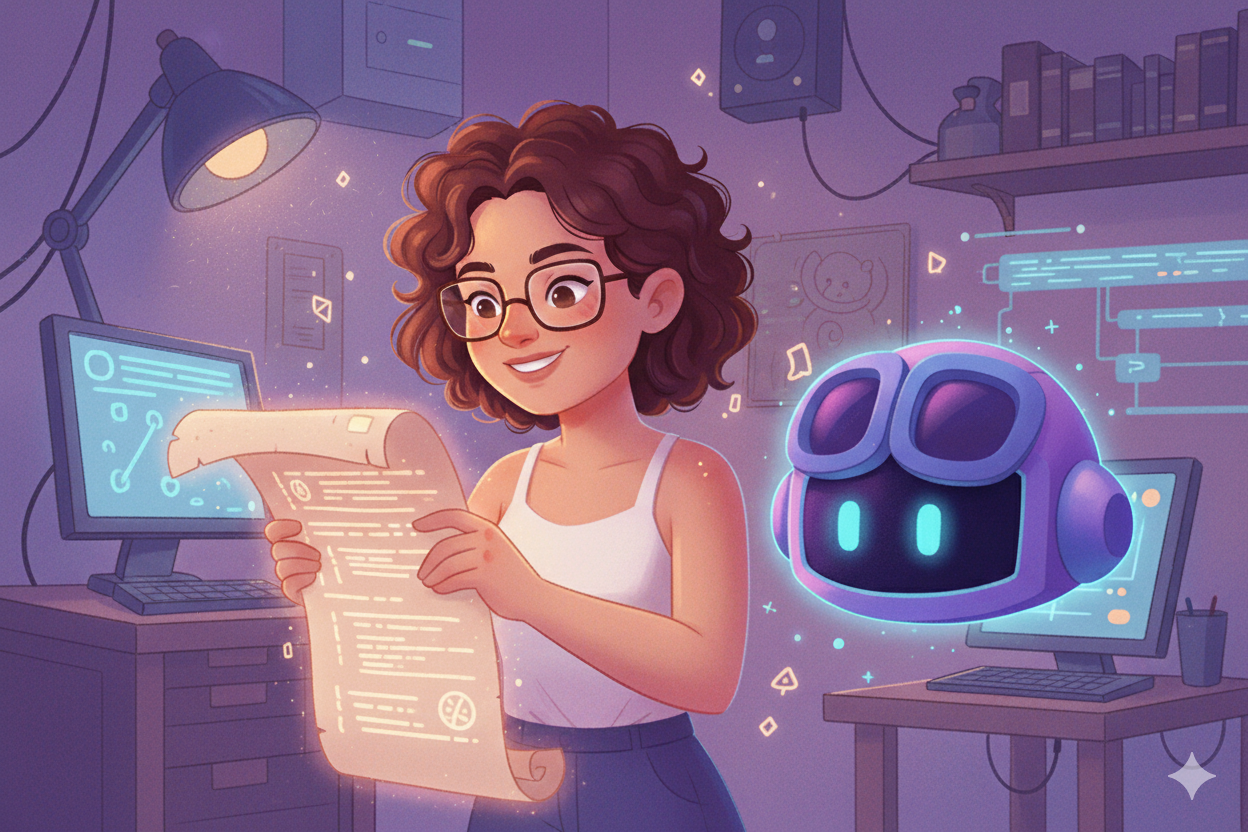 Ilustração de uma escritora olhando pergaminhos, representando a capa do post do conto de fadas